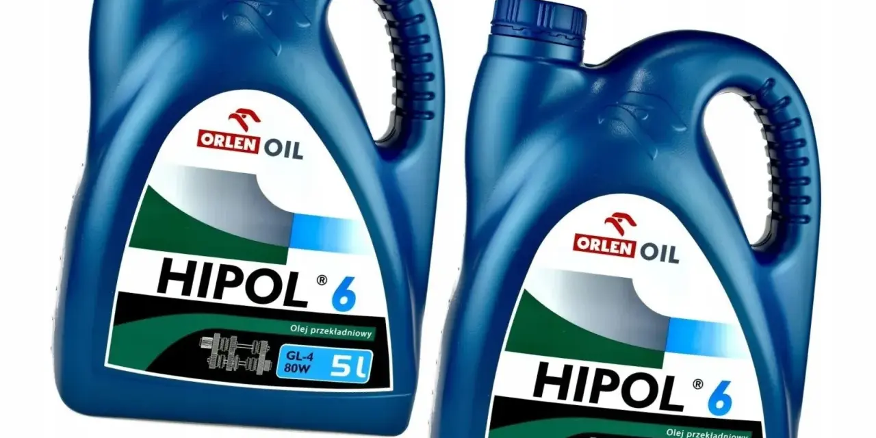 Dwie niebieskie bańki oleju przekładniowego HIPOL 6, każdy po 5 litrów, z logo Orlen Oil.