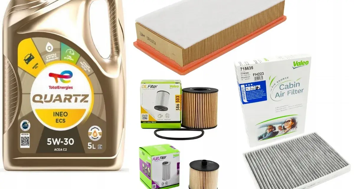 Olej TotalEnergies Quartz 5W-30 ACEA C2, idealny do silnika 1.6 HDI, wraz z filtrami powietrza, kabinowym i oleju.