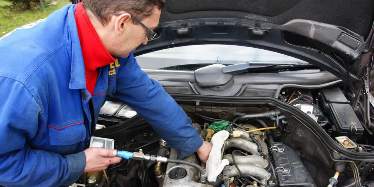 Mechanik w niebieskim kombinezonie sprawdza silnik diesla, używając przyrządu.