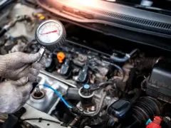 Mechanik sprawdza jakie minimalne ciśnienie sprężania diesel za pomocą manometru.