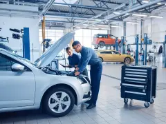 Mechanicy badają silnik srebrnego auta, szukając objawów uszkodzonego sterownika LPG.