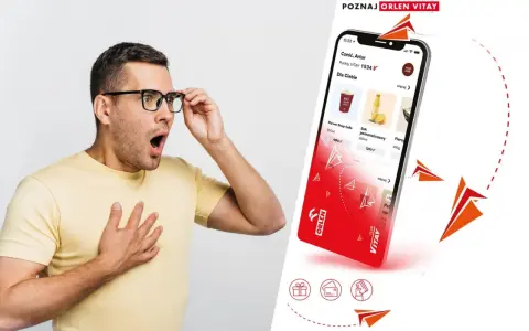 Zaskoczony mężczyzna odkrywa aplikację Orlen Vitay z promocjami i punktami.