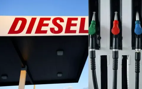 Na stacji paliw widać napis DIESEL i trzy dystrybutory. Zastanawiasz się, ile kosztuje kanister na stacji?