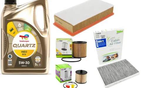 Olej TotalEnergies Quartz 5W-30 ACEA C2, idealny do silnika 1.6 HDI, wraz z filtrami powietrza, kabinowym i oleju.