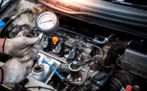 Mechanik sprawdza jakie minimalne ciśnienie sprężania diesel za pomocą manometru.