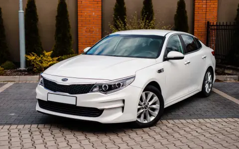 Biała Kia Ceed 1.6 benzyna zaparkowana na kostce brukowej, z ceglanym murem i tujami w tle.