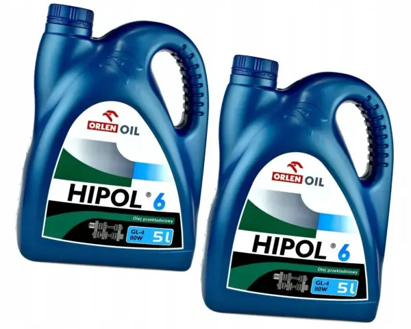 Dwie niebieskie bańki oleju przekładniowego HIPOL 6, każdy po 5 litrów, z logo Orlen Oil.