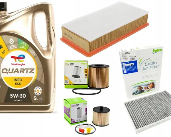 Olej TotalEnergies Quartz 5W-30 ACEA C2, idealny do silnika 1.6 HDI, wraz z filtrami powietrza, kabinowym i oleju.