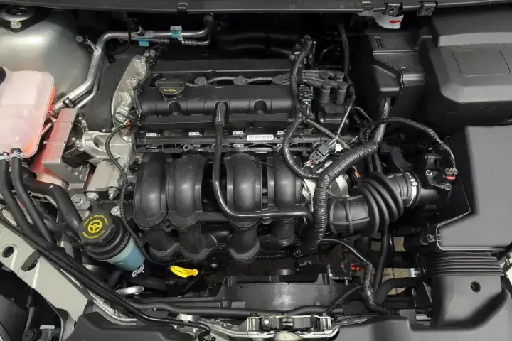 Silnik Ford Focus MK2, widok z góry. Widać kolektor dolotowy, zbiornik płynu wspomagania kierownicy i elementy układu chłodzenia.