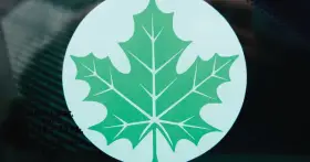 Zielony listek Orlen, symbol ekologii i troski o środowisko, widoczny na szybie.