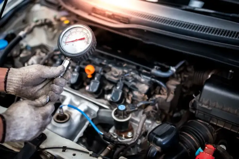 Mechanik sprawdza jakie minimalne ciśnienie sprężania diesel za pomocą manometru.